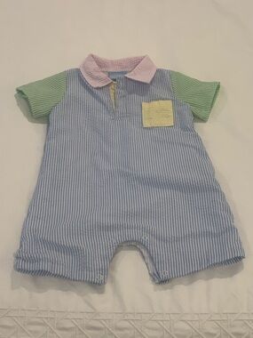Striped Seersucker Romper with Pastel Collar and Pocket